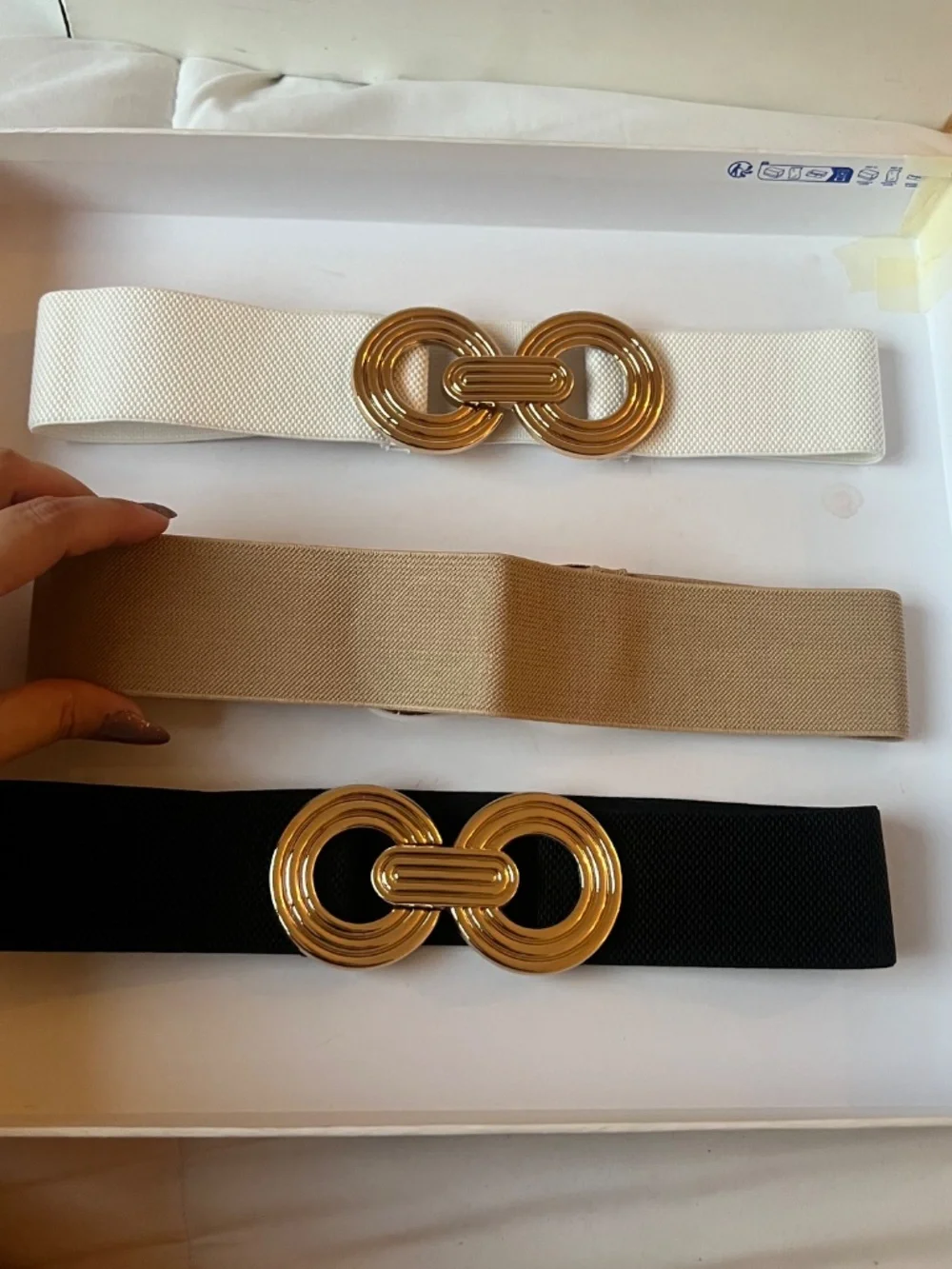 3-Piece Stretch Waist Belt Set – Black, White & Nude – Gold Buckle – New
